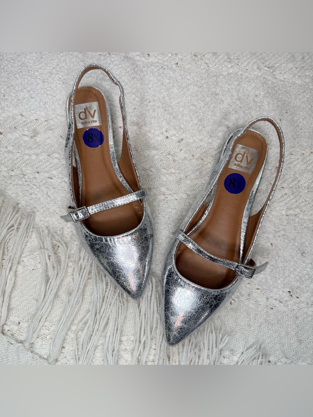 Dolce Vita silver metallic crackled faux leather pointed toe slingback shoes